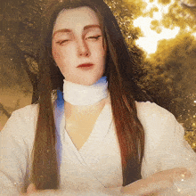 a woman with long hair is wearing a white shirt and a white collar