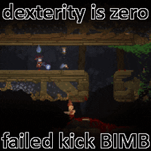 a screenshot of a video game says dexterity is zero failed kick bimb