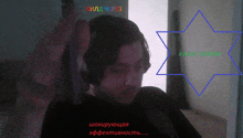 a man wearing headphones and a star with the words " axat-likum " written on it