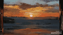 a painting of a sunset with the words made in animotica below it