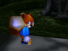 a cartoon squirrel is walking down a sidewalk carrying a bag on its back .