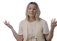 a woman wearing a white vest and a t-shirt that says say
