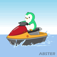 a cartoon of a penguin on a jet ski with abster written on the bottom