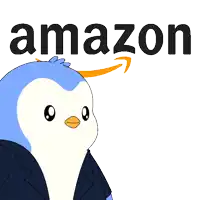 a penguin is standing in front of an amazon logo and says hi everyone