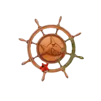 a wooden steering wheel with a shark and starfish on it