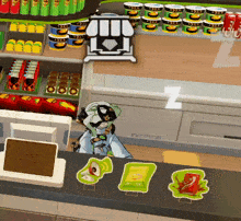 a cartoon character is behind a counter in a store selling potato chips and other snacks