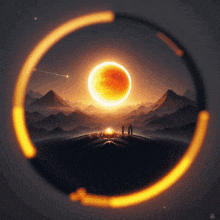 a painting of a sunset with a circle in the middle