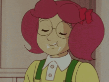a cartoon girl with pink hair and glasses is making a face with her eyes closed