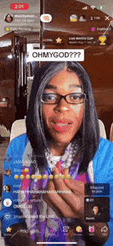 a woman with glasses is talking on a phone with the words ohmygod on the screen