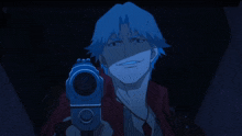 a man with blue hair is pointing a gun