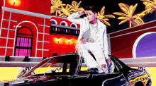 a man in a white jacket is sitting in a car