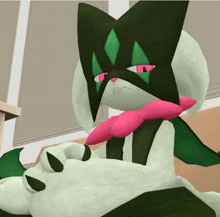 a green and white cartoon character with pink eyes and a pink bow tie
