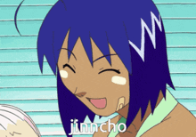 a girl with blue hair is smiling and the word jinncho is on the bottom