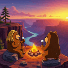 two bears roasting marshmallows over a fire on a cliff
