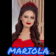 a woman wearing a red dress and a red tiara with the name mariola on the bottom