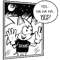 a black and white drawing of sonic the hedgehog wearing a shirt that says " sickos "