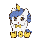 a cartoon of a unicorn with the word wow written in yellow