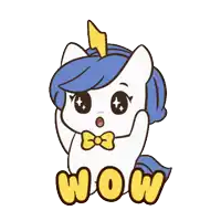 a cartoon of a unicorn with the word wow written in yellow