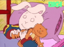a cartoon of a rabbit and a tiger laying on a bed with the big logo in the corner