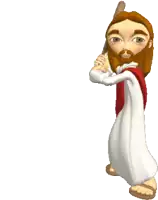 a cartoon of jesus swinging a bat