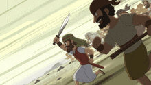 a cartoon of a man with a sword and a stick