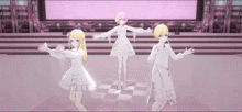 three anime girls in white dresses are dancing together on a stage