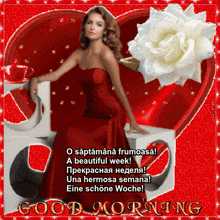 a woman in a red dress sits in front of a red heart with the words good morning