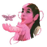 a painting of a woman holding a butterfly with portals written on her arm