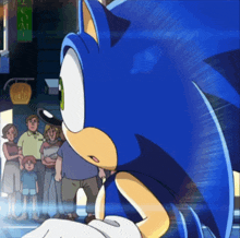 a cartoon of sonic the hedgehog standing in front of a sign that says sushi