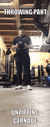 a man is throwing a ball in a gym with the words throwing pant unzipping gernade below him