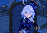 a girl with white hair and a blue hat is sitting on a chair