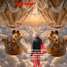a couple kissing in a hot air balloon with the words good night written above them