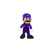 a stuffed mario wearing purple overalls and a pirate hat
