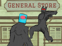 a drawing of a general store with two monsters fighting