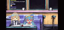 a cartoon of two girls sitting in a diner with a menu behind them