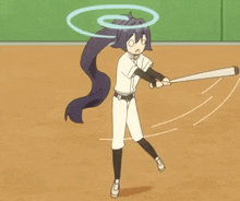 a girl with a ponytail is holding a baseball bat