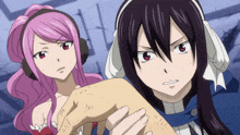 a girl with pink hair is standing next to another girl