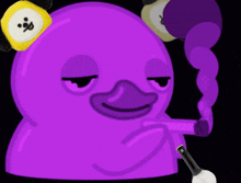 a purple duck with a stuffed animal on its head is smoking a cigarette