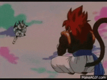 a dragon ball z character is flying through the air while holding a sword .