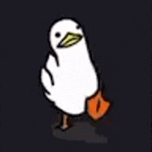 a duck with orange feet is walking on a black background .