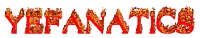 the word yefanatics is written in red flames on a white background