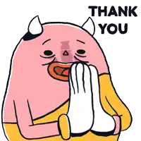 a cartoon character is covering his mouth with his hands and the words thank you are above him