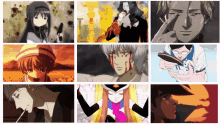 a collage of anime characters including a girl with a gun and a man holding a baby