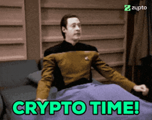 a man is laying on a bed with the words crypto time above him