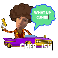 a cartoon of a man holding a gun and a speech bubble that says what up cuh !!!