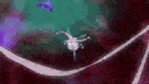 a pixel art of a fairy flying through a purple and pink background