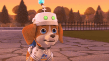a cartoon dog wearing a robot helmet and a collar