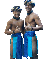 two young men wearing blue skirts and hats are posing for a photo