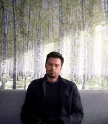 a man is sitting on a couch in front of a forest mural .