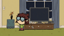a cartoon character with glasses is standing in front of a flat screen tv